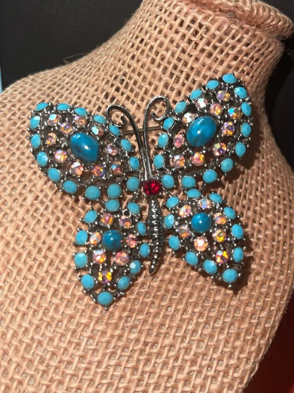 VTG Weiss Bejeweled Butterfly Brooch Turquoise Cabochons & Rhinestones 3.5